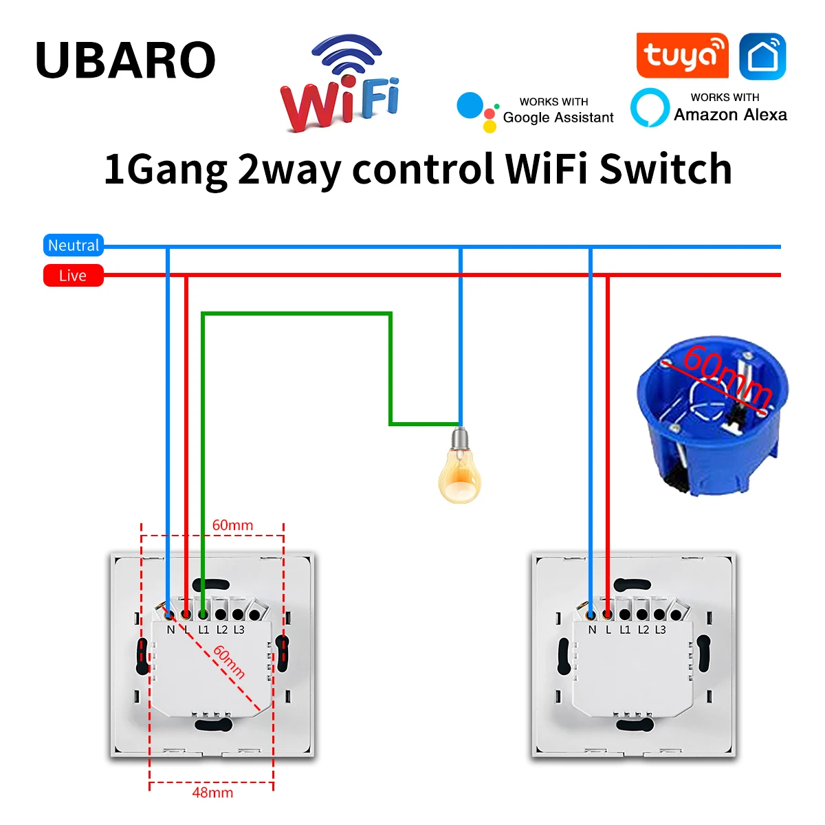 UBARO EU Standard Wifi Smart Stair Touch Switch Luxury Glass Panel Toggle Button App Control Voice Alexa Google Home 1Gang 2 Way images - 6