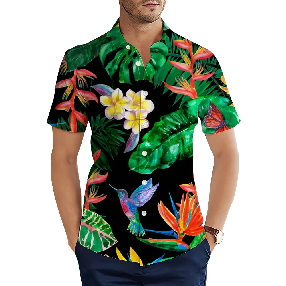 

Пляжные рубашки hxhawai, модные полинезийские повседневные рубашки с 3D-принтом тропических растений листьев птиц, мужские топы, Прямая поставка