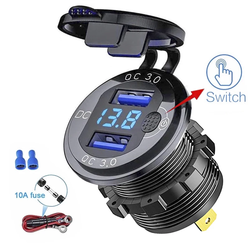 

Car Charger QC3.0 Dual USB Cigarette Lighter Socket Waterproof With Voltmeter Switch Quick Charge Adapter 12/24V Moto ATV Truck