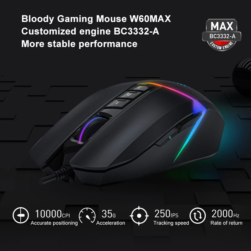 Фото Игровая мышь A4TECH Bloody W60MAX, 15-зонная RGB-анимация, предварительно загруженные 5 световых эффектов RGB, частота отчетов 2000 Гц №4