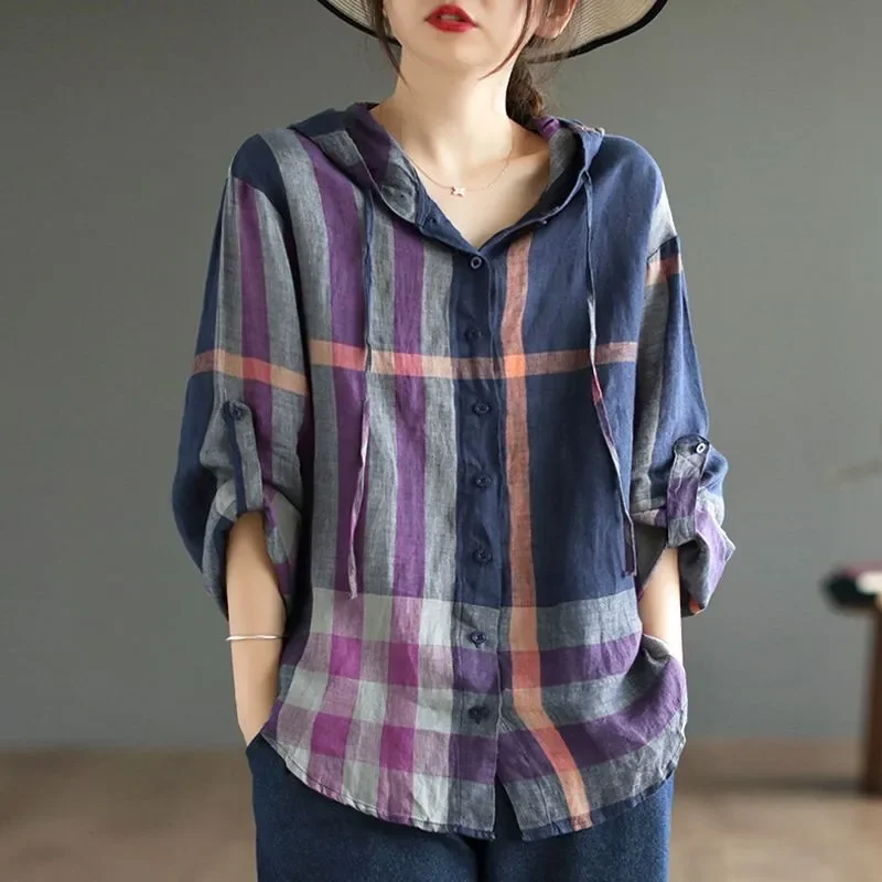 

Retro Plaid Print Womens Hooded Shirts 2023 Spring Autumn Single Breasted Long Sleeve Blouse Female Vintage Loose Tops