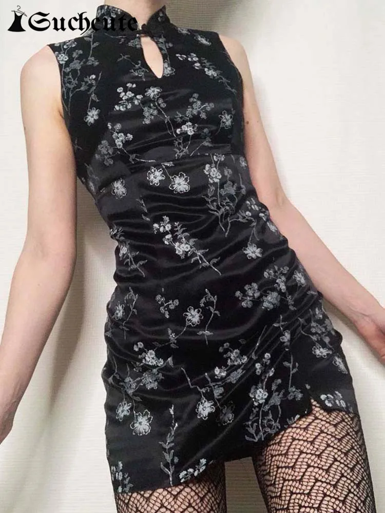 

SUCHCUTE Vintage Floral Print Mini Dress Women Hollow Out Fairycor Sleeveless Party Dresses Sexy Streetwear Gothic Dark Outfits