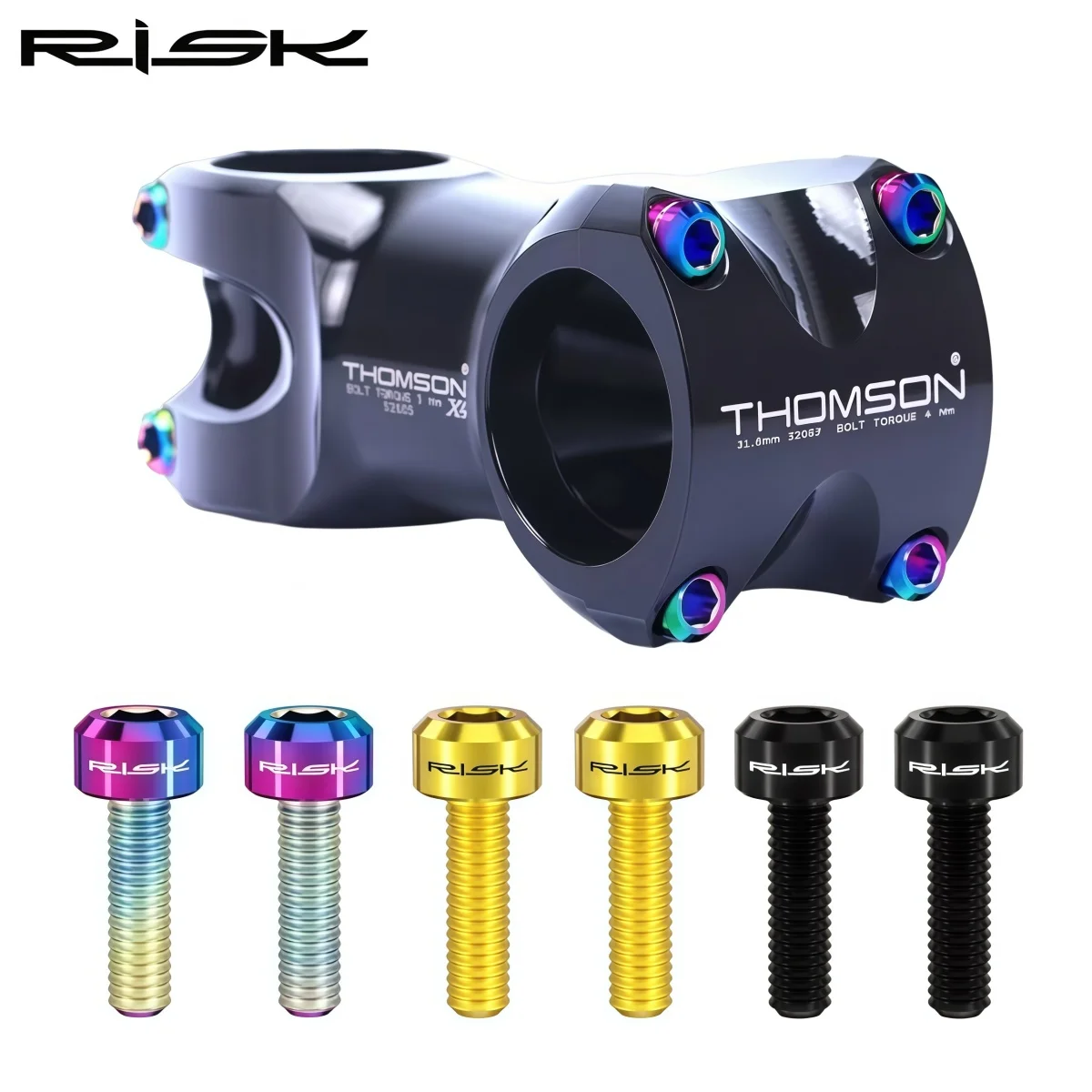 Фото Болты для крепления руля велосипеда RISK Titanium M5x16 / M5x18 – для MTB/шоссейных велосипедов | Крепление переднего переключателя скоростей | Зажим для подседельного штыря (6 штук)