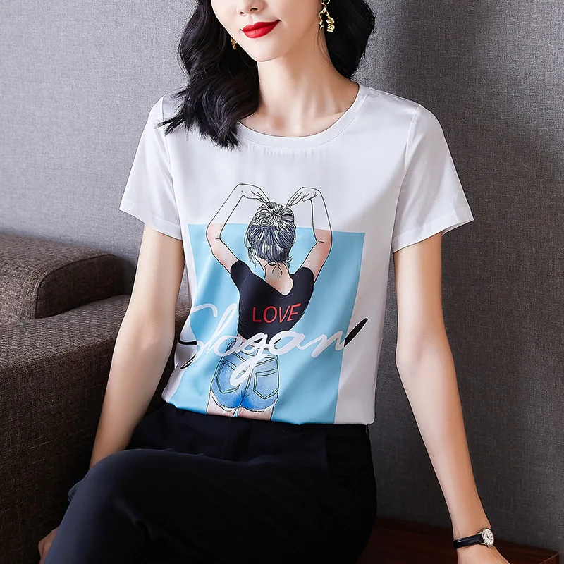 

Women's T-shirt in summer, ice silk elasticity, new joker splicing tops, printed T-shirts, women's short sleeves