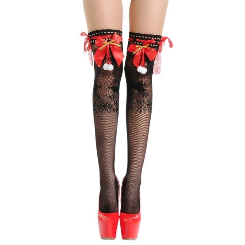 

Women Christmas Sexy Fishnet Thigh High Stockings Plush Ball Bowknot Snowflake Elk Patterned Cosplay Over Knee Socks 37JB