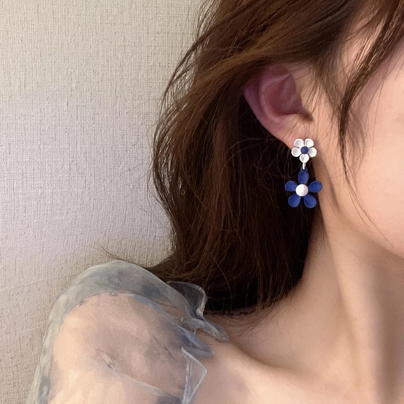 2021 модные синие серьги-гвоздики с глазурью в форме цветка тюльпаны