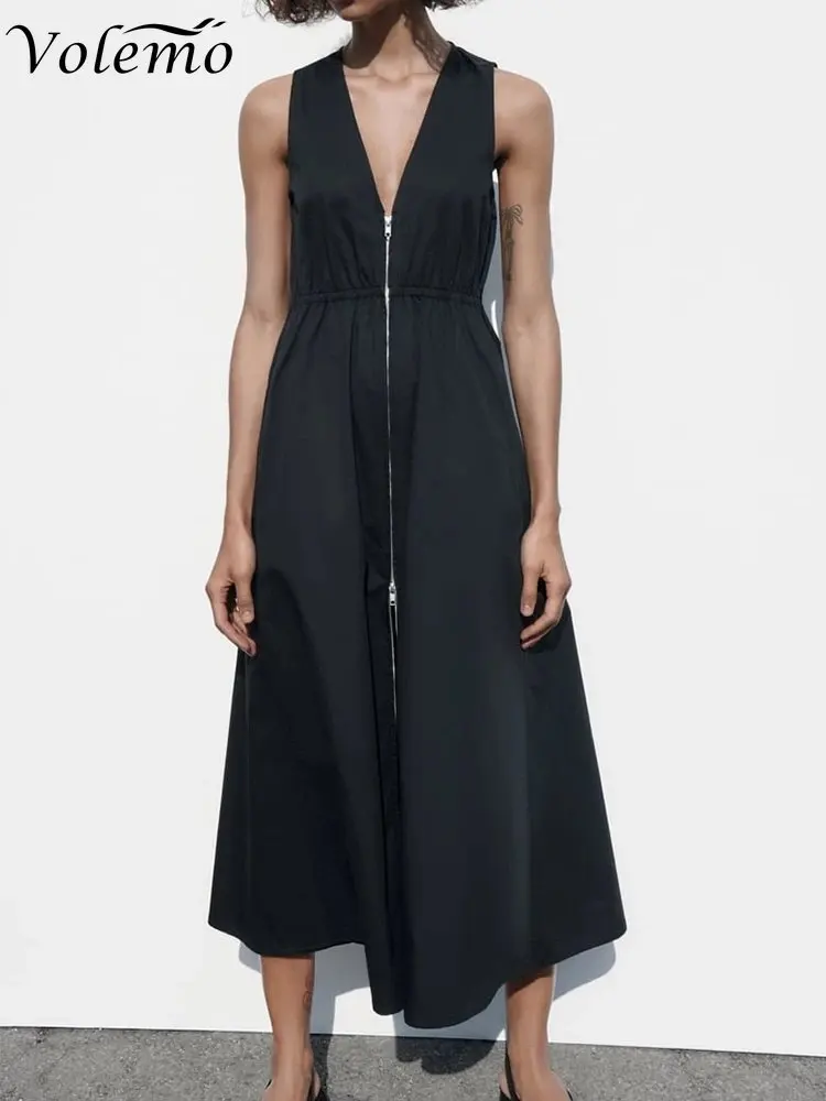 

Women Elegant Solid Long Dresses 2023 Summer Zipper Sleeveless Oversized Dresses Fashion Party Vestidos Maxi Dress Sexy