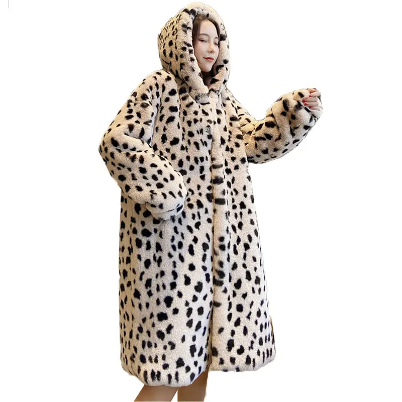 2023 New Imitation Fur Leopard Print Fur Coat Fur One Coat Women Winter Jacket Women Fashion Hooded Warm Parkas Jacket Fur Coats