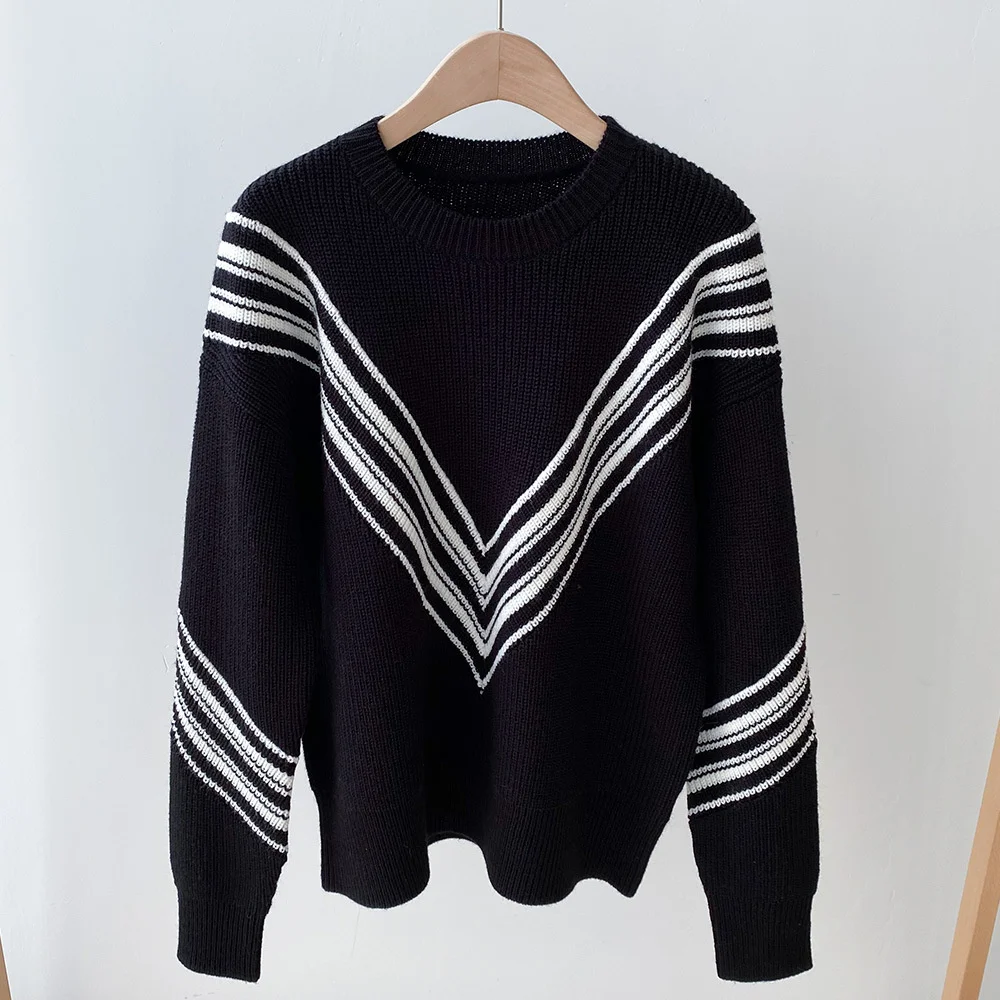 

Женский свитер в полоску, теплый вязаный Свободный кардиган из 2022-ной шерсти с круглым вырезом, зима 100%