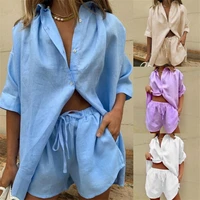 casual womem yellow lounge wear summer tracksuit shorts set long sleeve shirt tops and mini shorts suit 2022 new two piece set
