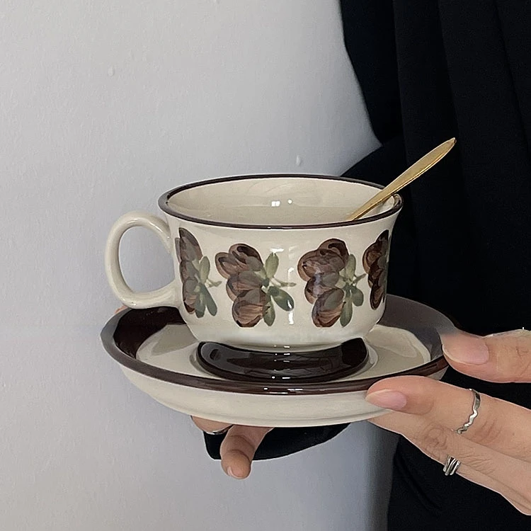 

Coffee cup saucer hand painted brown sonorous rose latte cup afternoon tea