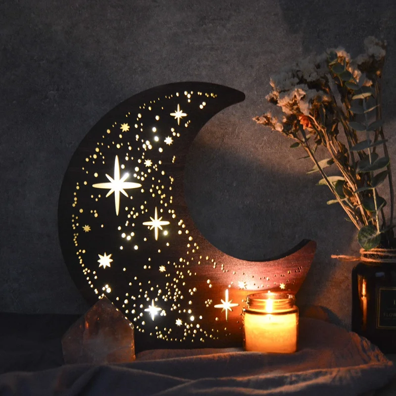 

Mz222 Bohemian Style Three-Dimensional Wooden Starry Crescent Light Table Decoration Holiday Home Decoration Led Luminous Night