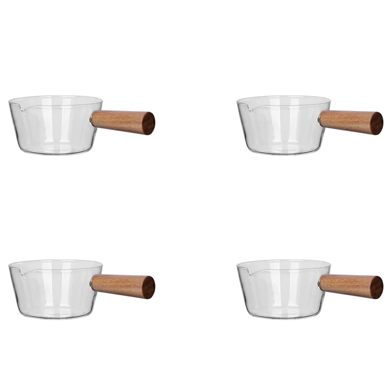 

4X 600Ml Glass Pot With Wooden Handle Cooking Heating Milk Soup Porridge Pot Open Fire Kitchen Cookware Clay Pot