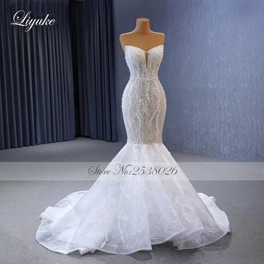Liyuke Sheer Beading Pearls Sweetheart Mermaid Wedding Dress Uniquisite Lace Off Shoulder Sleeveless Trumpet Gowns