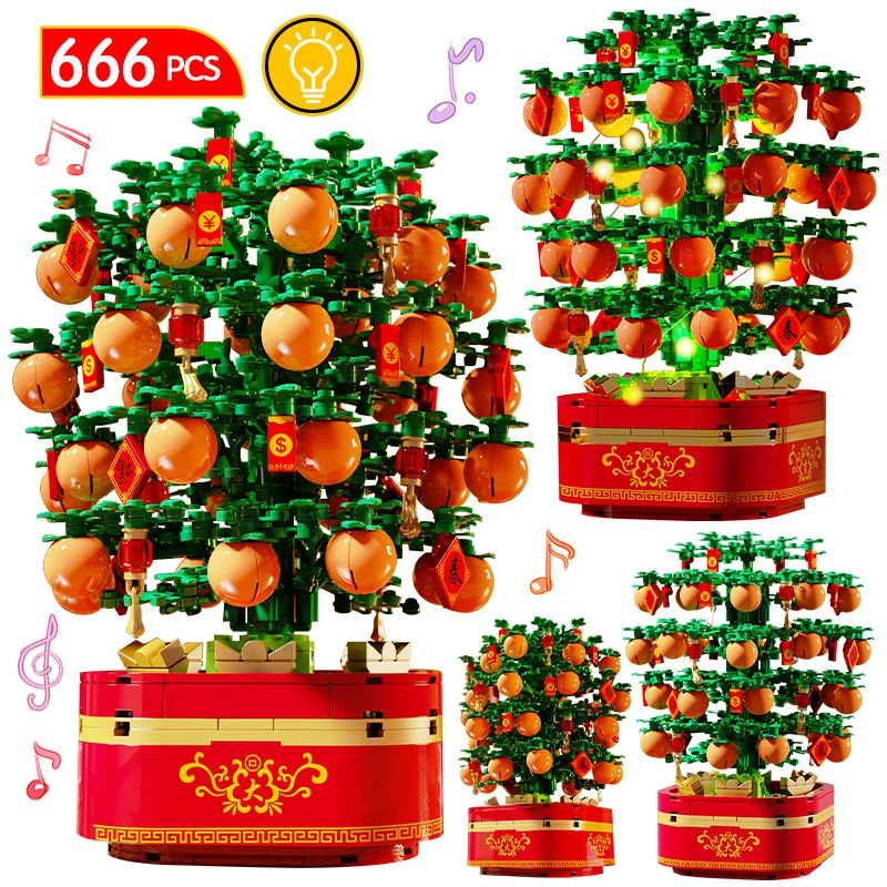 

666 шт. новогодний светодиодный город вращающийся кумкват Дерево Музыкальная Шкатулка строительные блоки светлые растения праздничный горш...