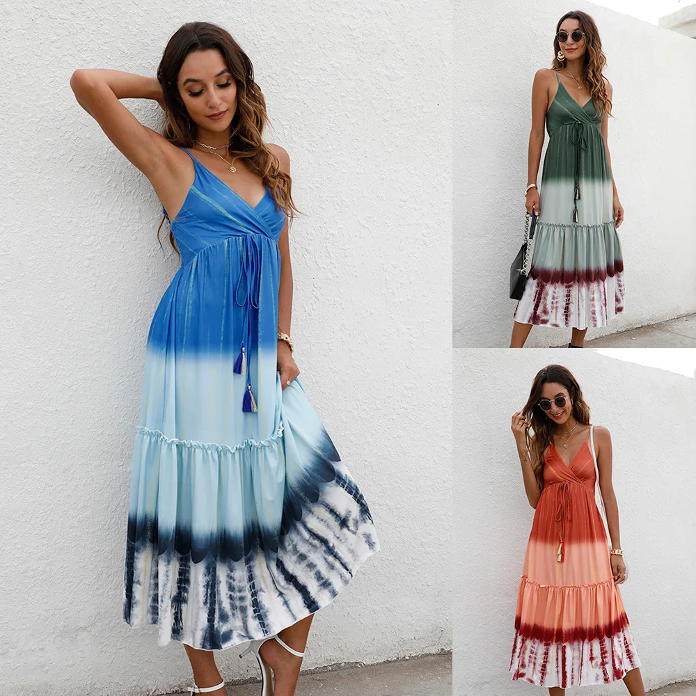 

2023 Summer Woman Spaghetti Strap Dress High Waist Drawstring Waist Female Backless Tie-dyed Dress Large Hem Holiday Beach Dress