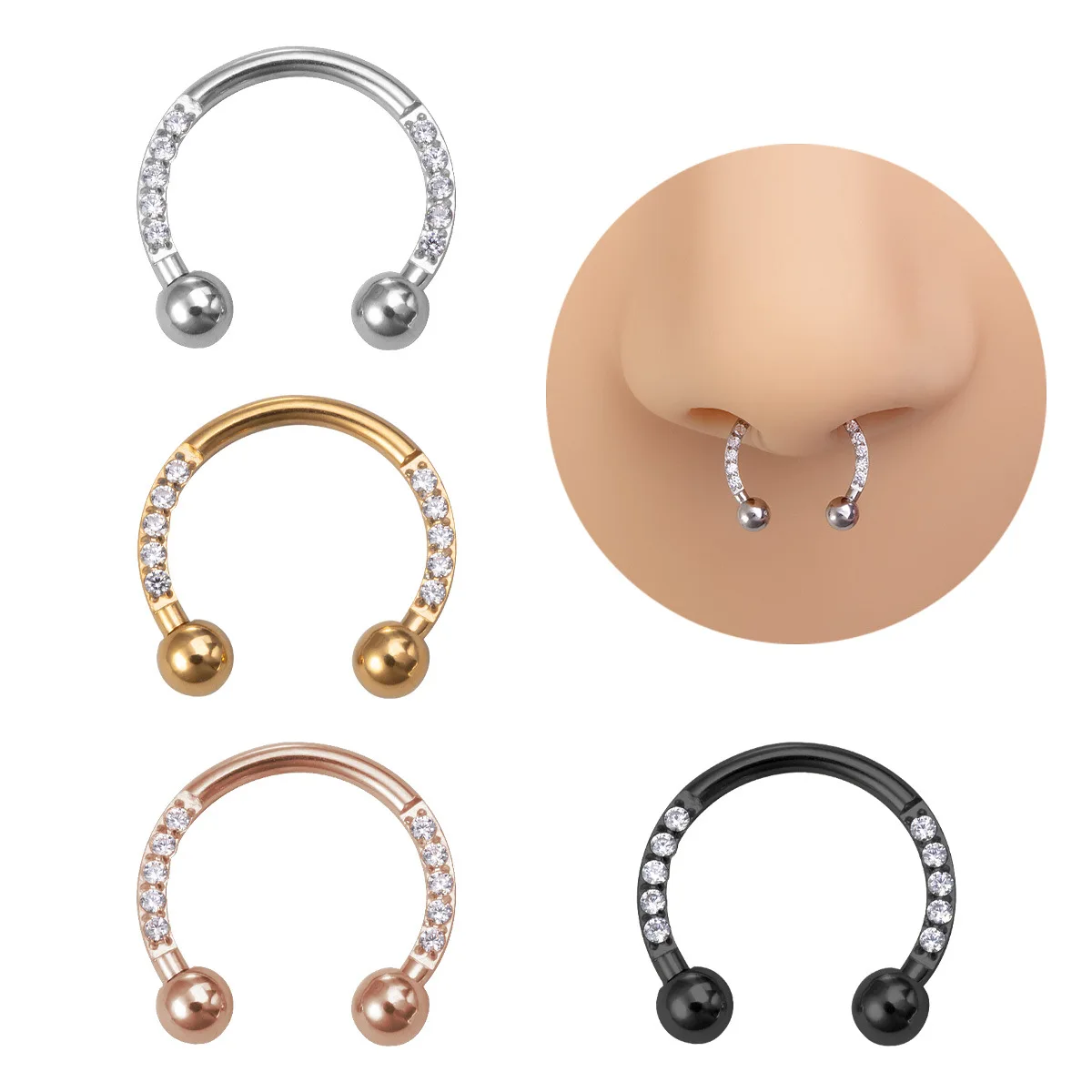 Хирургическая сталь спереди циркон подкова штанга кольцо в носу губная серьга