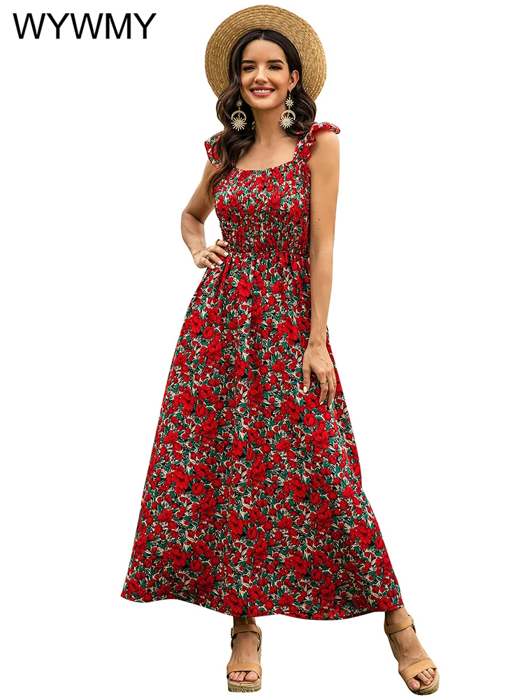 

WYWMY летнее женское платье-трапеция в стиле бохо с цветочным принтом, богемное Летнее Длинное платье, женские плиссированные платья с рюшами,...