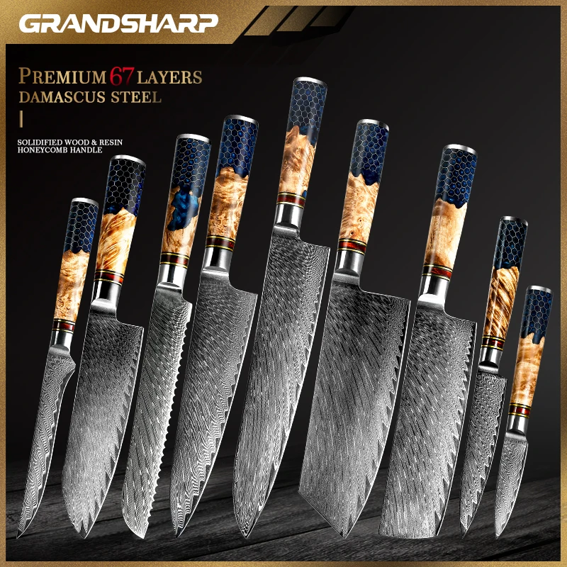 Кухонные ножи шеф-повара Grandsharp из дамасской высокоуглеродистой стали, мясницкий нож для обрезки хлеба, универсальные ножи, инструменты для готовки с подарочной коробкой