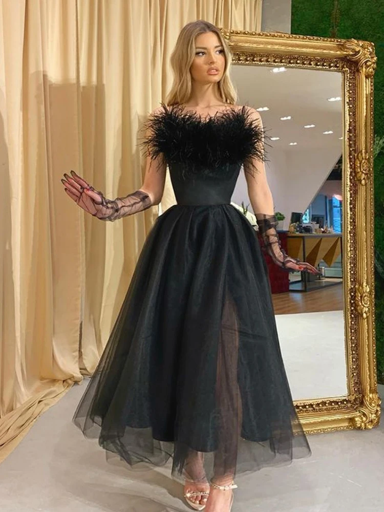 PLEINDI Luxury Evening Dresses Boat Neck Sleeveless A-shaped Tea-Length Lace 2022 New of Ruched Exquisite Prom Dress Women