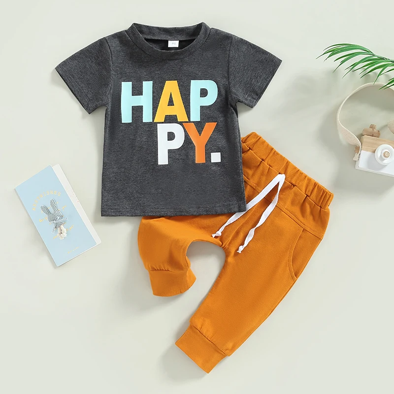 

2023-01-11 Lioraitiin 0-4Years Toddler Kids Baby Boy 2Pcs Spring Clothes Short Sleeve Letter Print T-Shirt Pocket Pants Set