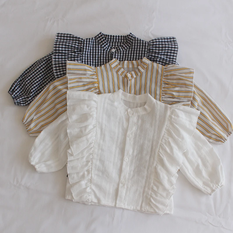 

Plaid Sleeve Baby Striped Princess Blouses Infants New Kids Tops Style Korean Toddlers Autumn Shirts Girls Ruffles Clothes Long