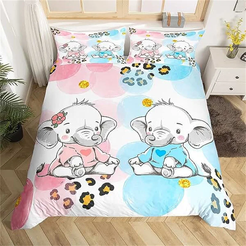 

Cartoon Cute Elephant Couple Duvet Cover Lovey Pink Blue Watercolor Duvet Cover Bedding Set for Kids Teens Decorative Bedroom