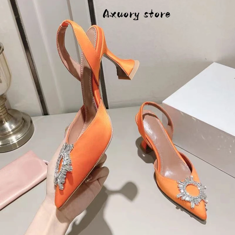 2023 New Women Sandals Summer High Heels Satin Luxury Rhinestone Sun Decoration Banquet Party Wedding Shoes