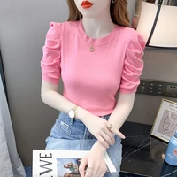 2022 new design summer cotton puff sleeve u neck slim woman t shirt office lady daily blouse tops
