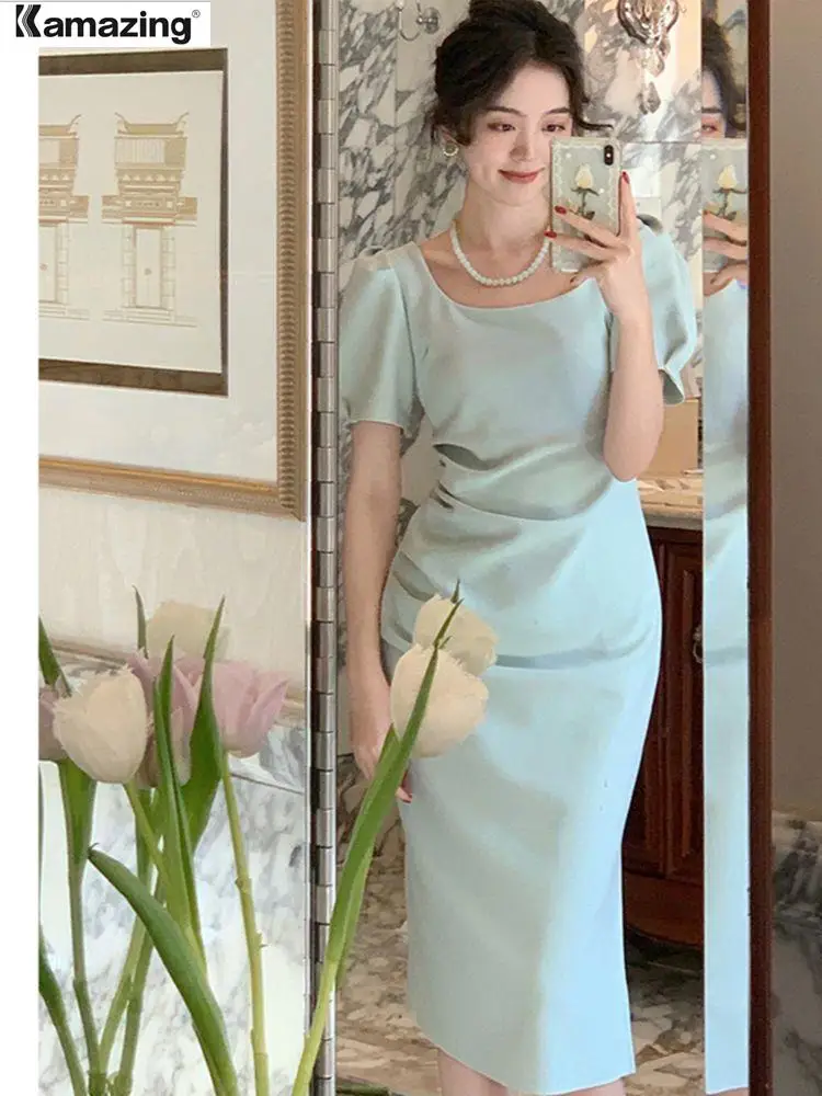 

New Women Summer Midi Dress Bodycon Elegant Party Slim One Piece Office Lady Clothes Vestidos