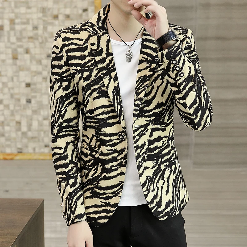 Men Personality Suit Jacket Hair Stylist Printed Small Suit Casual Jacket Korean Handsome Night Show Zebra Print Men's Blazer