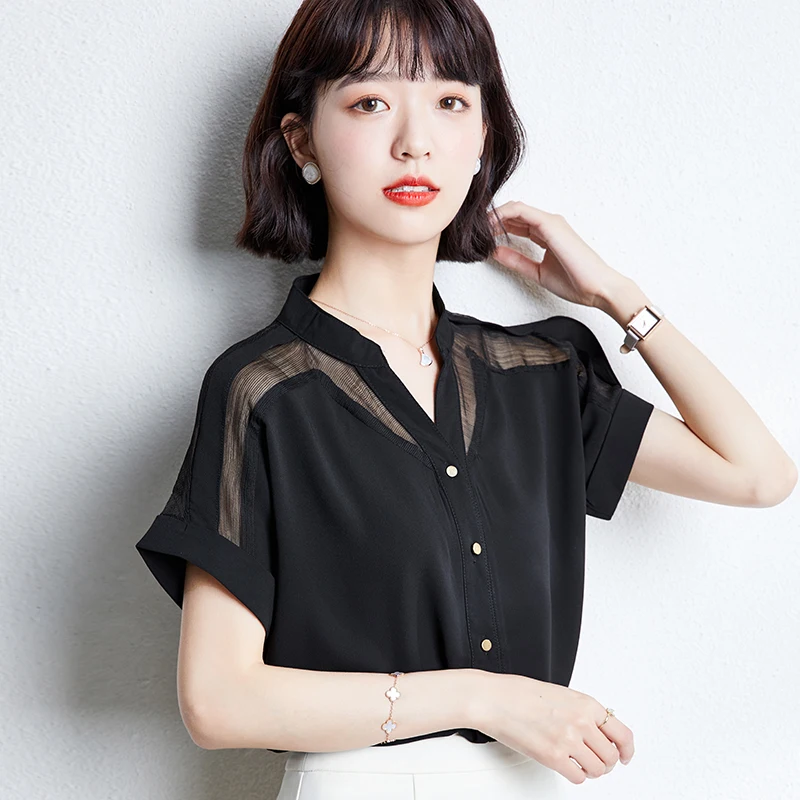 

Black Solid Color Chiffon Short Sleeve Women Shirts Korean Fashion Office Lady Clothing 2022 Summer New Design V-Neck Blouses