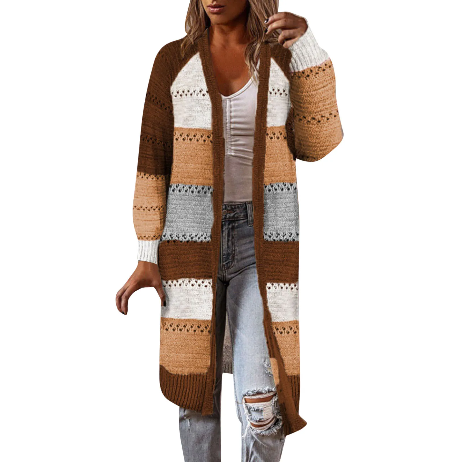 

Women Autumn And Winter Coat Outwear Mid-length Striped Pocket Jacket Knitted Cardigan Long Sleeve Jacket