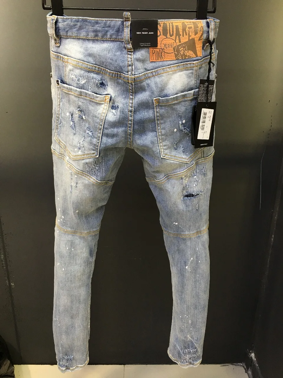 2023 Spring/Summer New D2 Jeans Men's Fashion Men's Water Wash Worn Hole Patch Speckled Ink 3D Cut Small Feet Dark Blue
