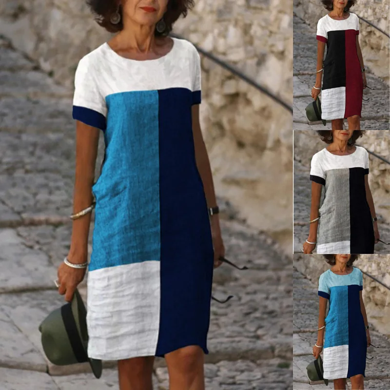 

Bikoles O Neck Short Sleeve Women's Summer Mid Dress 2022 New Fashion Casual Color Matching Straight Retro Woman Dress Clothing