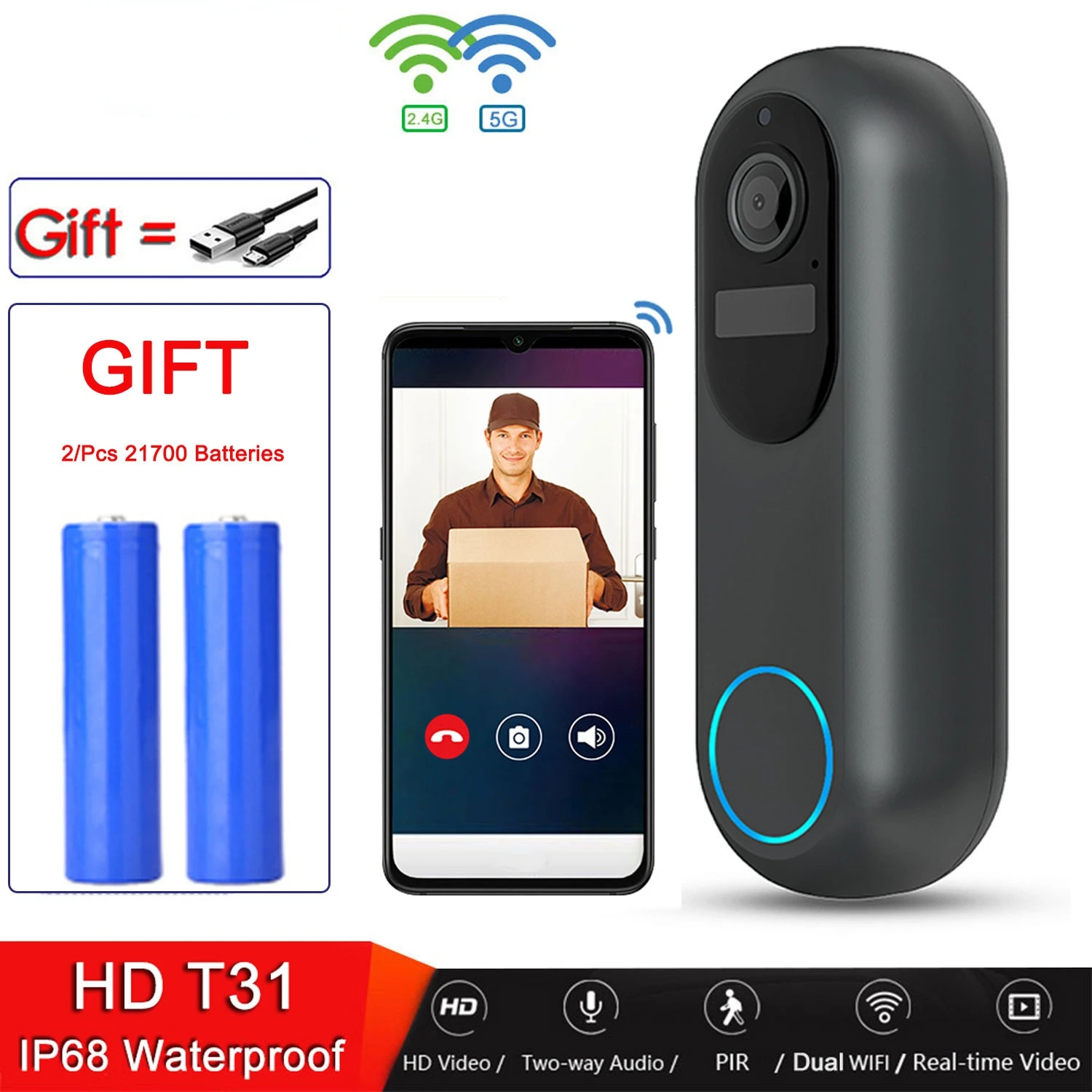 

Дверной звонок Tuya, Wi-Fi, 2,4 ГГц, водостойкий, Ip68
