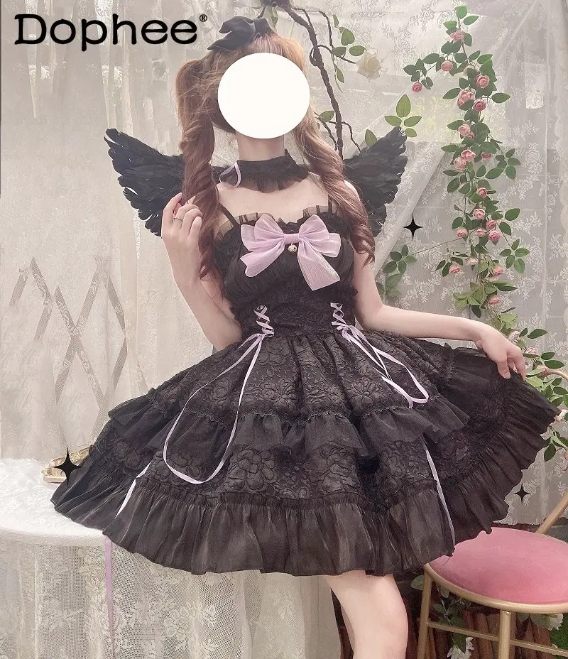 

Original Lolita Gothic Jsk Strap Dress Women Sweet Pink Bow Ruffle Stitching Cake Dress Summer Party Birthday Princess Dresses