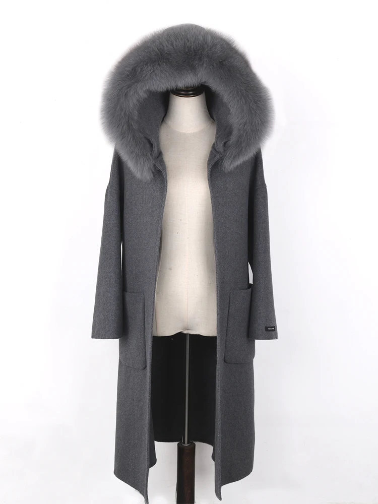 Lavelache 2023 Real Fur Coat Winter Jacket Women Natural Fox Fur Collar Cashmere Wool Blends Long Outerwear Ladies Streetwear