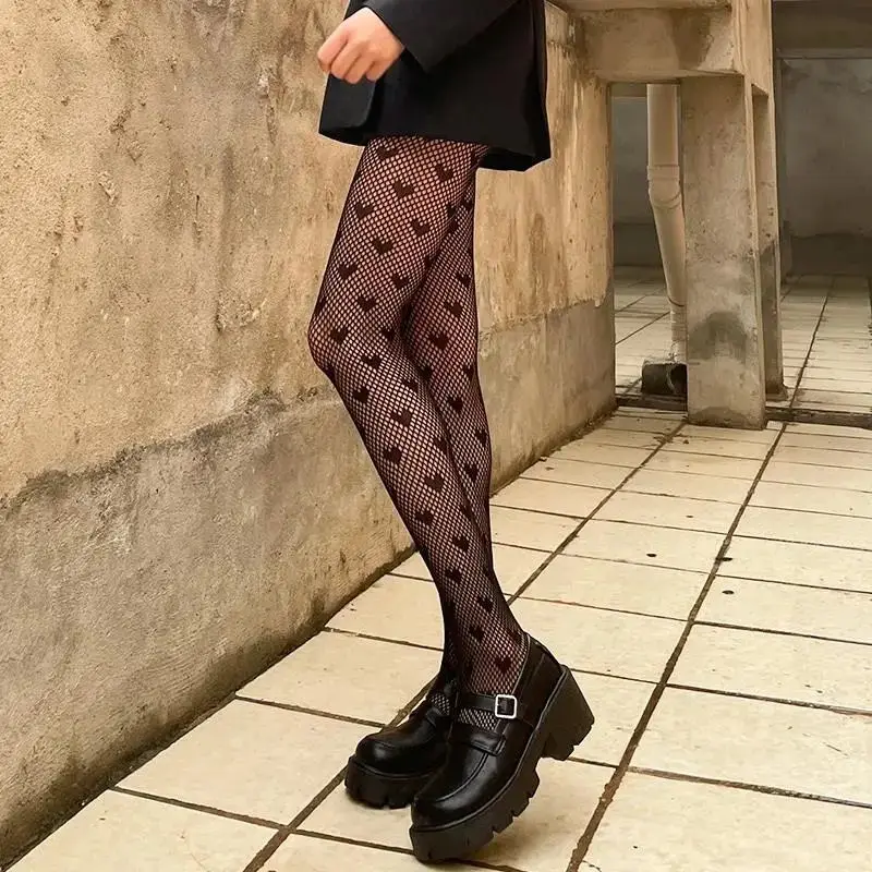 

Sexy Women's Stockings Elastic Fashion Tights Fishnet Letter Tights Pantyhose Black Heart Pattern Hollow Stockings for Female