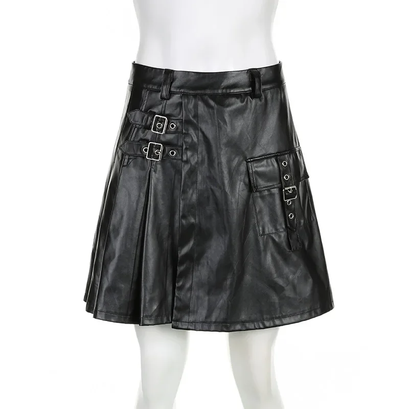 

Женская юбка из ПУ кожи, однотонная трапециевидная юбка с завышенной талией в стиле панк, осень 2023