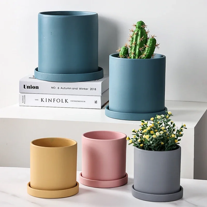 Однотонный матовый керамический цветочный горшок с подносом в скандинавском