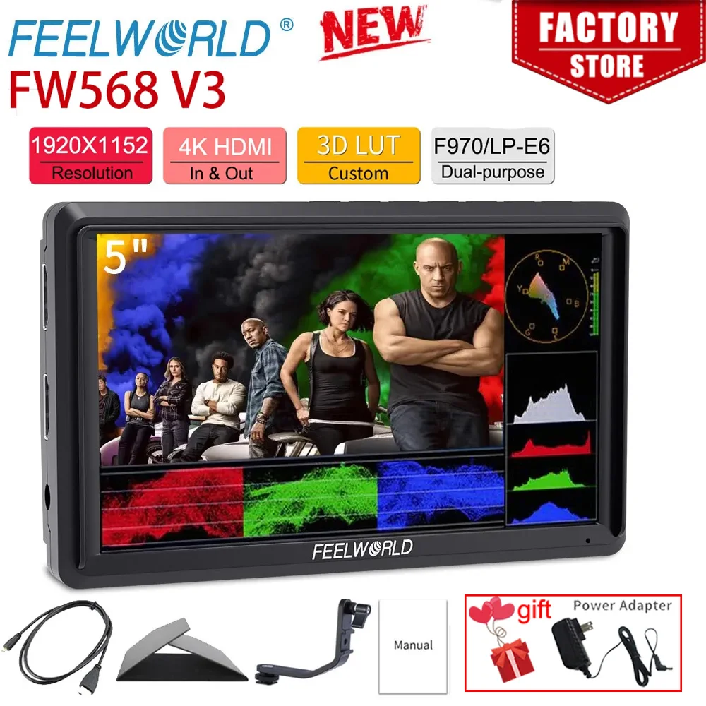 

FEELWORLD FW568 V3 5.5 Inch Portable Camera DSLR Field Waveform Monitor 4K HDMI In Out Full HD 1920x1152 Tilt Arm Power Output