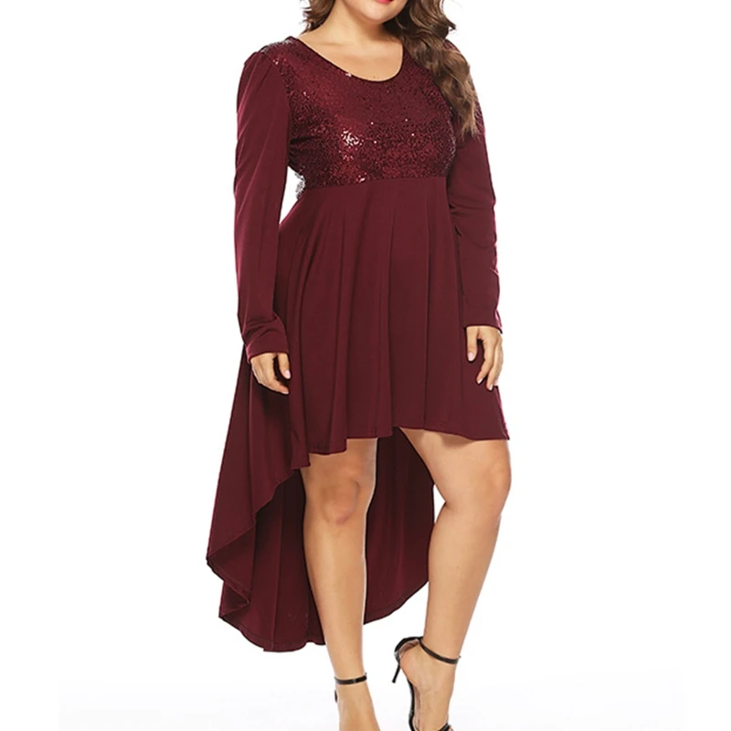 

Women Long Sleeve Glitter Sequins Pleated Asymmetric Hem A-Line Midi Swing Dress