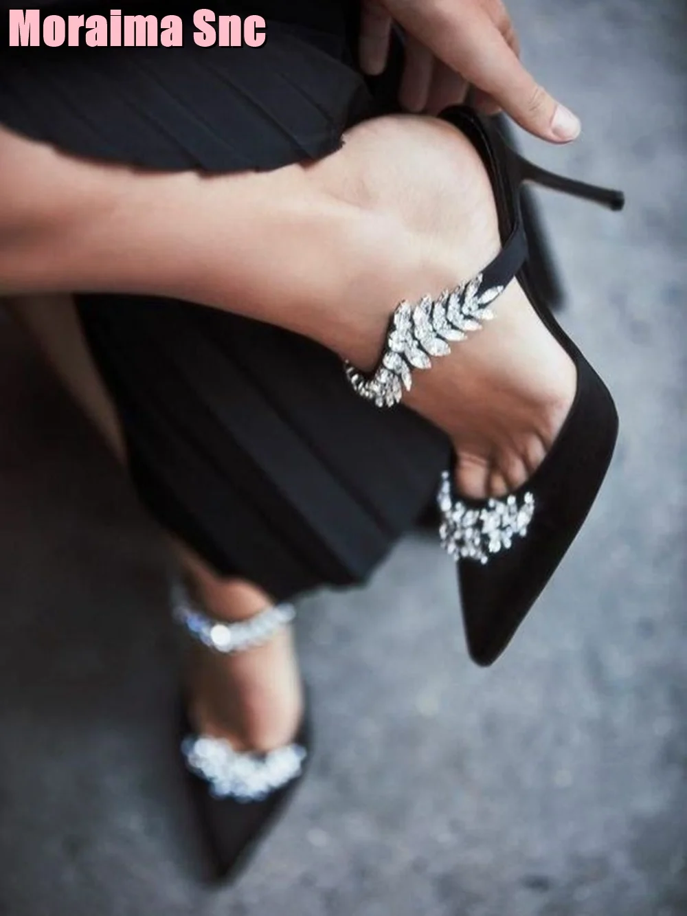 Satin Crystal  Pointed Toe Slippers Stiletto High Heel Black Solid Sexy Luxury Women Wedding Shoes Slides Banquet Fashion 2023