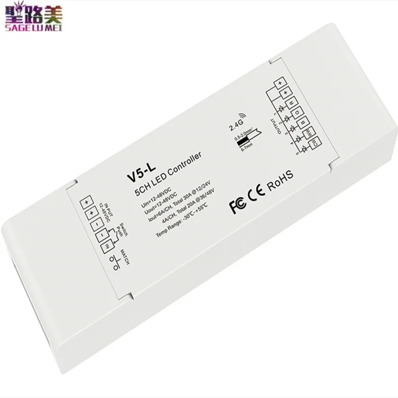 

V5-L 5 in 1 Led CV Controller 2.4G RF + Push Dim 5CH*6A DC12-48V Dimming for Single Color CCT RGB RGBW RGB+CCT Led Lights Strip