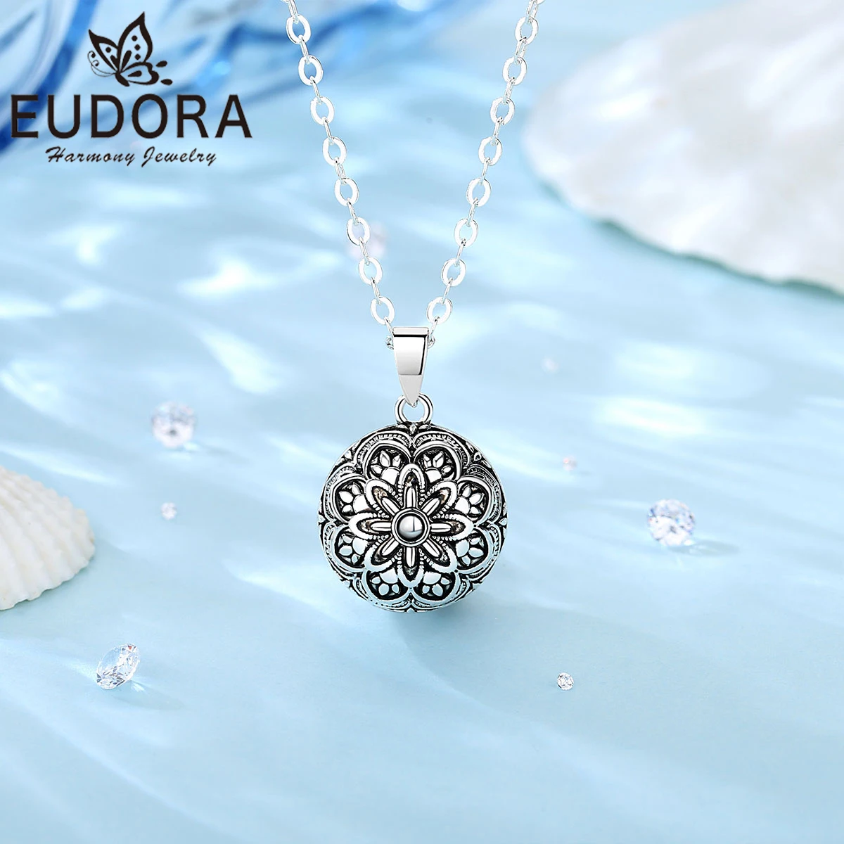 

Eudora 20mm Harmony Ball Flower Pendant Pregnancy Bola Angel Caller Baby Wishing Chime Ball Necklace Fine Jewelry for Women GIft