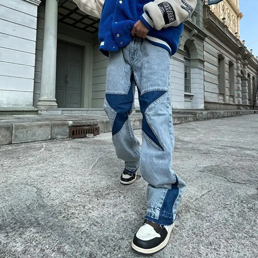 Stars Patch Design Men Jeans Hip Hop Splicing Straight Flare Mens Retro Washed Ripped Oversized Casual Denim Trousers w314