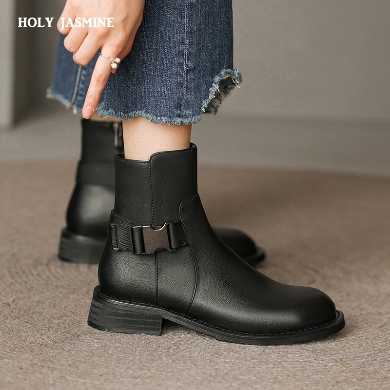 

2022 New Working Casual Women Ankle Boots Autumn Winter Top Quality Genuine Leather Fashion Retro Buckle Thick Heels Shoes Woman