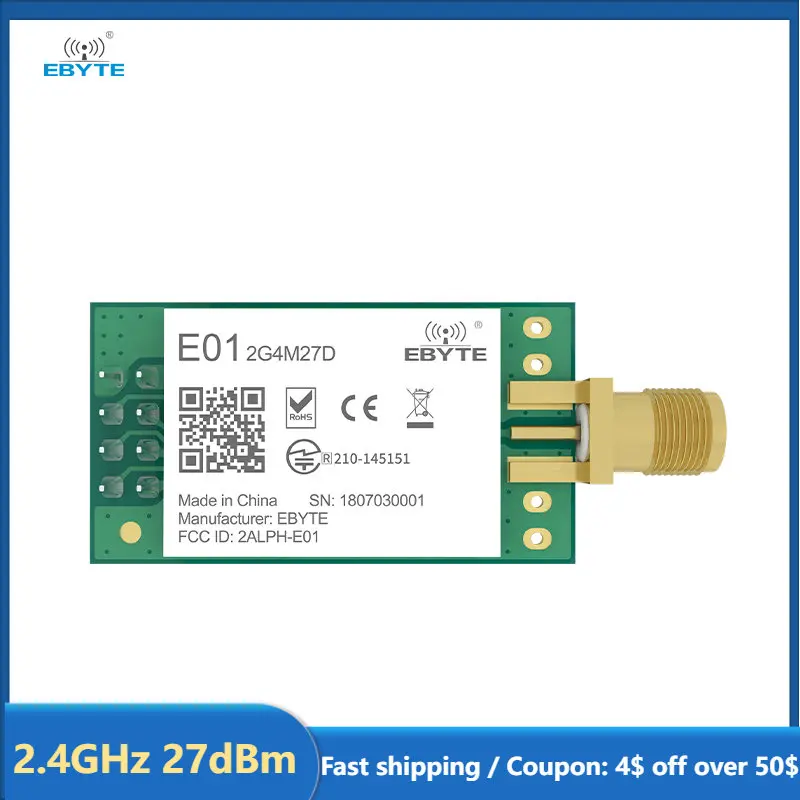 nRF24L01 PA LNA nRF24L01P 2.4GHz Module 27dBm Wireless Transceiver Module Long Distance Small Size for Smart Home E01-2G4M27D