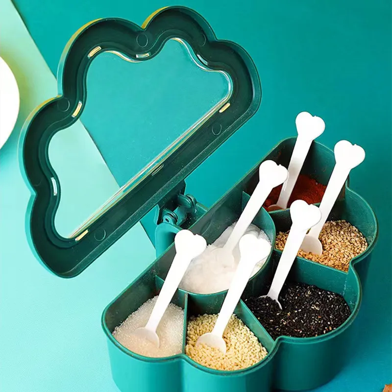 

With Cover Spice Jars Set Kitchen With Spoon Multi Grid Integrated Plastic Seasoning Box Door Spices Condiments Rack Organizer